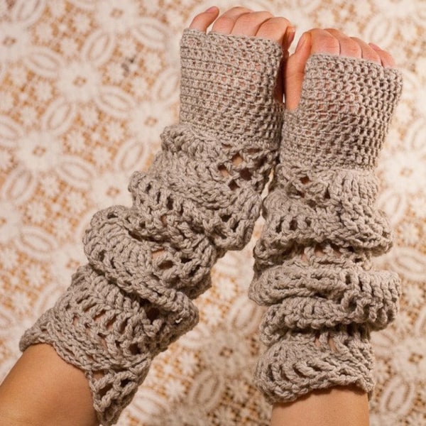 CROCHET PATTERN instant download - Sand Light Gloves - fingerless beautiful lace gorgeaous pretty beige brown hand warmers tutorial PDF