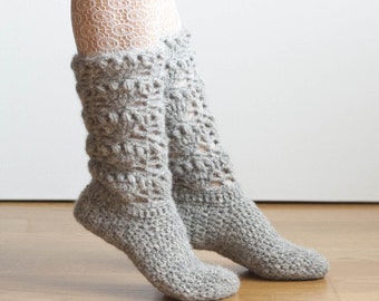 CROCHET PATTERN instant download - Tread Softly Socks - grey gray beautiful gorgeous cozy Christmas socks lace stockings tutorial PDF