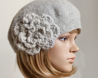 CROCHET PATTERN instant download - Bewitching Beatrice Beret - grey gray crochet flower hat cap beanie tutorial PDF