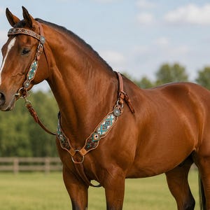Puede incluir: Un caballo castaño con un conjunto de brida y petral de cuero. El equipo presenta intrincados abalorios geométricos en tonos turquesa, blanco y negro, acentuados con conchos y hebillas de metal plateado en la cabezada y el pecho.