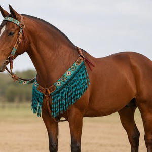 May include: A brown horse wearing a leather bridle and a matching breast collar. Both pieces feature intricate turquoise, white, and orange beadwork in geometric patterns. The breast collar is adorned with long, flowing turquoise fringe.