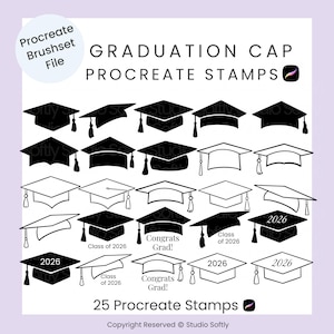 Könnte beinhalten: Eine digitale Kunstdatei mit 25 Procreate-Stempeln von Abschlusskappen. Die Kappen sind in verschiedenen Stilen, einige mit Quasten und dem Jahr 2026. Der Text lautet "Graduation Cap Procreate Stamps".