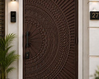Massivholz Mandala Eingangstür | Handgeschnitzte Boho Rustikale Indische Haustür