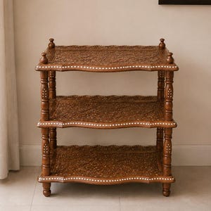 Hand-Carved Foldable 3-Tier Wooden Shelf | Brass Inlay Accent Table