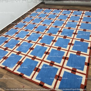 Retro Geometric, Wool Rug, – Blue Brick, Red Grid Pattern | Hand-Tufted Mid-Century Modern Accent Rug, floor covering, carpet.
