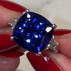 Three Stone Cushion Cut Blue Sapphire Gemstone Ring, 14k White Gold Anniversary Ring for Women, Solitaire Wedding Ring Gift For Bridal
