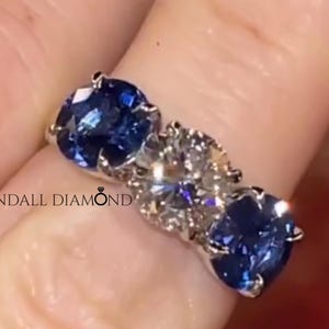 Round Cut Moissanite With Side Blue Sapphire Proposal Ring, 3TCW Triple Stone Engagement Ring For Fiancee, Unique Wedding Bridal Ring Gift