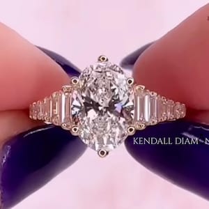 Oval Moissanite Engagement Ring With Side Bar Set Baguette Stones, 2.50CT Solitaire Gold Ring , Wedding anniversary Ring Gift For Bridal,