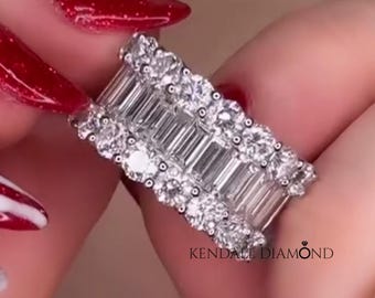 Baguette Cut Colorless Moissanite Wedding Band, Three Row Wedding Band, Stacking Matching Band, Solid 14K White Gold Band, Proposal Band