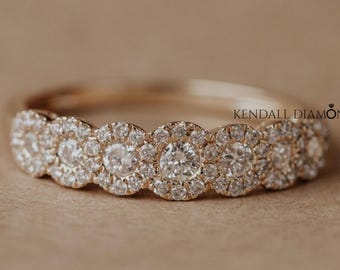 7 Stein Rundschliff Moissanit Halo Jubiläumsband, Sevan Stein Halo Ehering 14K Solid Gold Versprechen Ring für Frauen Einzigartiger Vorschlag Ring