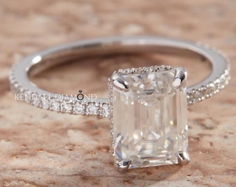 Half Eternity Emerald Cut Moissanite Engagement Ring, Solid Gold Hidden Halo Pave Emerald Cut Moissanite Wedding Ring, Anniversary Ring