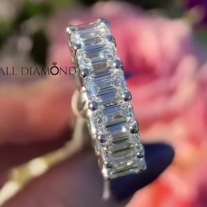 Emerald Cut Moissanite Wedding Band, Shared Prong Full Eternity Gold Anniversary Gift, Unique Stackable Promise Band For Women, Gift For Her