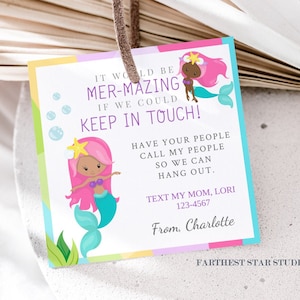 Mermaid Playdate cards,  Summer play date card, Printable End of School Tags for Kids,  Play Date Business Card, Keep in Touch Contact Card