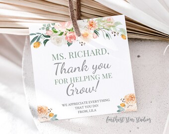 Blush & Sage Teacher Appreciation tags - Thank you for helping me grow - Thank you tags/stickers - End of year gifts - DIY Digital Download