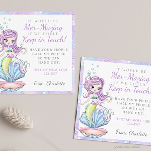 Mermaid Playdate cards,  Summer play date card, Printable End of School Tags for Kids,  Play Date Business Card, Keep in Touch Contact Card