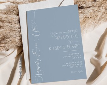 Dusty Blue Modern Minimalist Happily Ever After Wedding Invitation, Invitation de mariage bleu poussiéreux, modèle d’invitation de mariage bleu poussiéreux