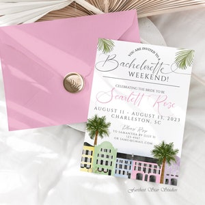 Charleston Bachelorette Party Invitation with Itinerary, Beach Bachelorette, Palm Springs Bachelorette Invite, girl&#39;s weekend, Charleston sc