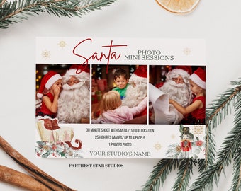 May include: A festive Christmas photo package with Santa Claus. The package includes a 30-minute photo shoot with Santa, up to 4 people, 25 high-resolution images, and one printed photo. The text "Santa Photo Mini Sessions" is at the top of the card. The text "Your Studio's Name" and "Farthest Star Studios" is at the bottom of the card.