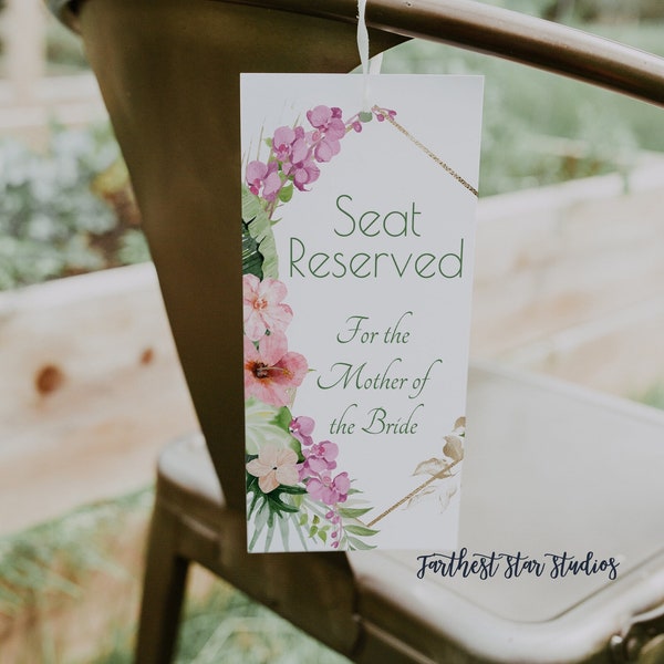 Reserved Seating Sign - Tropical wedding chair sign - Destination wedding - Digital Download - Wedding Reserved row card - Summer luau