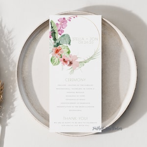 May include: A wedding ceremony program with a floral wreath design featuring pink and green watercolor flowers. The text reads "Stella + Jon 08.20.23" and includes a list of ceremony details.