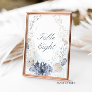Dusty Blue Watercolor Beach Table Numbers - DIY Tropical Summer luau - Beach party - Summer beach wedding - Bridal shower - Baby shower