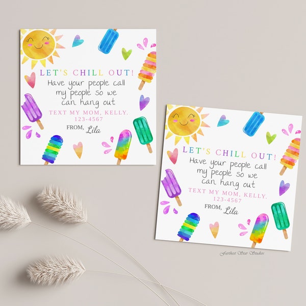 Popsicle Playdate cards,  Summer play date card, Printable End of School Tags for Kids,  Play Date Business Card, Stay in Touch Contact Card