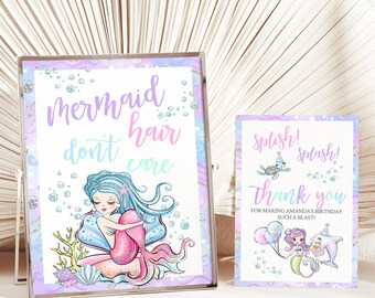 Printable Glam Mermaid Hair Don't Care Sign Thank you cards Bundle - Mermaid Birthday decor, pool party decor - party table Decor