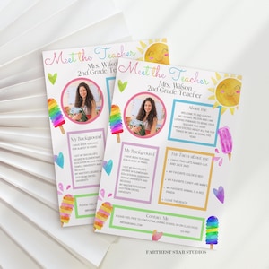 Flyer "Conheça o Professor" do Popsicle, Modelo "Tudo sobre meu professor", Modelo editável para impressão do professor, Portas abertas de volta às aulas, Cartão-postal do professor