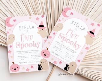 Pink Ghost Birthday Girl invite, two spooky Halloween Birthday Invitation, Two Spooky Birthday, Pink Halloween Birthday, Pink Ghost Invite