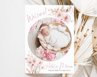 Cherry Blossom Birth Announcement, Adoption Day Digital Download, Photo Baby Announcement with stats, digital print adoption announcement