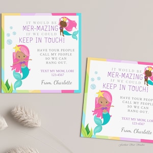 Mermaid Playdate cards,  Summer play date card, Printable End of School Tags for Kids,  Play Date Business Card, Keep in Touch Contact Card