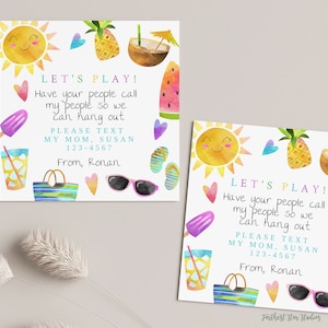 Summer Playdate cards,  Summer play date card, Printable End of School Tags for Kids,  Play Date Business Card, Keep in Touch Contact Card