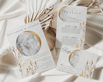 May include: Wedding invitation suite with a watercolor moon and floral design. The invitation features the names Elizabeth and Andrew, the date and time of the ceremony, and the location. The RSVP card includes a space for guests to indicate their attendance.