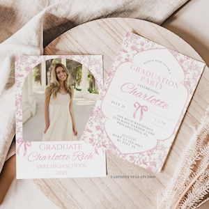 Introducing our Coquette Bow Graduation Photo Announcement & Party Invitation, featuring soft watercolor pink bows, pink toile background, elegant script fonts, and a chic coquette-inspired design. This 5x7" Canva template is the perfect way to share your milestone with friends and family—whether you're announcing the big news or inviting them to your celebration.