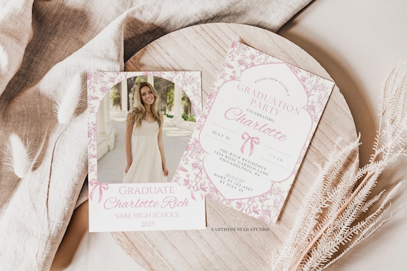 Coquette Graduation photo announcement, Bow Graduation photo party invite, Coquette Bow invite, Graduation Announcement Card
