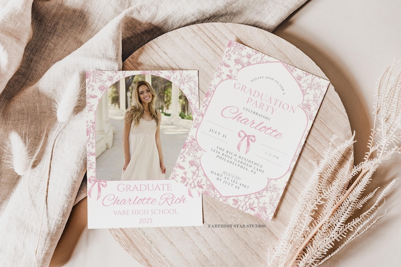 Introducing our Coquette Bow Graduation Photo Announcement & Party Invitation, featuring soft watercolor pink bows, pink toile background, elegant script fonts, and a chic coquette-inspired design. This 5x7" Canva template is the perfect way to share your milestone with friends and family—whether you're announcing the big news or inviting them to your celebration.