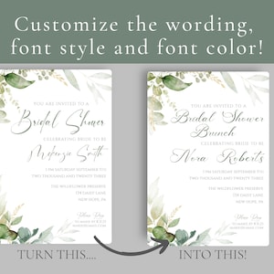 May include: Two different versions of a bridal shower invitation with a watercolor floral design. The first invitation is for a bridal shower and the second is for a bridal shower brunch. Both invitations feature the text "You are invited to a Bridal Shower" and the bride's name. The first invitation says "Bridal Shower" and the second says "Bridal Shower Brunch".