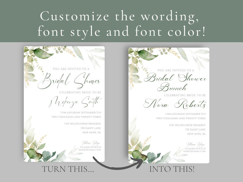 May include: Two different versions of a bridal shower invitation with a watercolor floral design. The first invitation is for a bridal shower and the second is for a bridal shower brunch. Both invitations feature the text "You are invited to a Bridal Shower" and the bride's name. The first invitation says "Bridal Shower" and the second says "Bridal Shower Brunch".