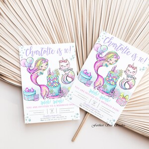 Rainbow Mermaid cat Birthday Invitation Mermaid cat Birthday Invitation, cat mermaid Invitation, mermaid birthday invitations, Mermaid 3rd image 5