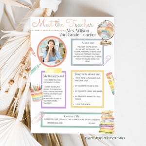 Boho Rainbow Conheça o Professor Flyer, Tudo Sobre o Meu Professor Modelo, Professor Editável Imprimível, Portas Abertas Volta às Aulas, Cartão Postal do Professor