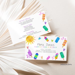Popsicle Babysitter Business cards,  Summer play date card, Printable Babysitter card,  Play Date Business Card, Keep in Touch Contact Card