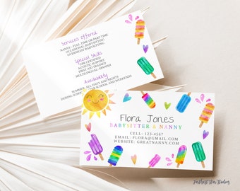 Popsicle Babysitter Business cards,  Summer play date card, Printable Babysitter card,  Play Date Business Card, Keep in Touch Contact Card