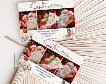 May include: A flyer advertising Santa photo mini sessions. The flyer features three photos of Santa with children. The text on the flyer reads "Santa Photo Mini Sessions", "1 Minute Shoot with Santa", "Studio Location", "High Res Images", "Up to 4 People", "Printed Photo", "Your Studio's Name", "30 Minute Shoot with Santa", "Studio Location", "25 High Res Images", "Up to 4 People", "1 Printed Photo", and "Your Studio's Name".