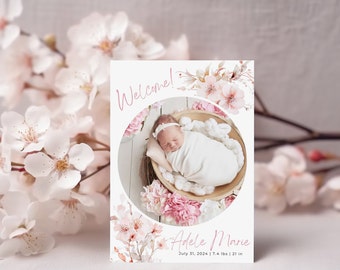 Cherry Blossom Birth Announcement, Adoption Day Digital Download, Photo Baby Announcement with stats, digital print adoption announcement