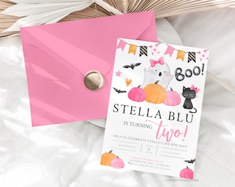 Boo! I'm Two Birthday Girl, Pink and Orange Halloween Birthday Invitation, Boo! I'm Two Birthday, Pink Halloween Birthday, Pink Ghost Invite