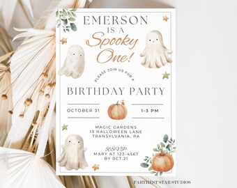May include: A Halloween-themed birthday party invitation with a watercolor illustration of a ghost and pumpkins. The invitation reads "Emerson is a Spooky One!" and includes the date, time, and location of the party. RSVP information is also included.
