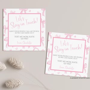 Pink Bow Playdate cards, Summer play date card, Printable End of School Tags for Kids, Play Date Business Card, Keep in Touch Contact Card
