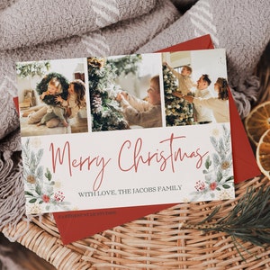 Spread holiday cheer with our elegant 3 Photo Christmas Card Template! Featuring a stunning watercolor branches design with delicate touches of gold, this  template allows you to create personalized and memorable Christmas cards for your loved ones.