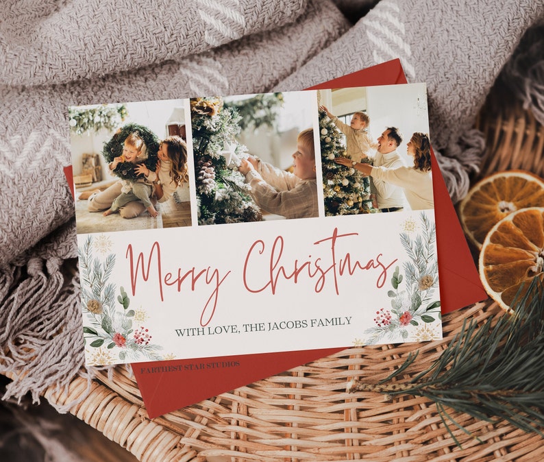 Spread holiday cheer with our elegant 3 Photo Christmas Card Template! Featuring a stunning watercolor branches design with delicate touches of gold, this  template allows you to create personalized and memorable Christmas cards for your loved ones.