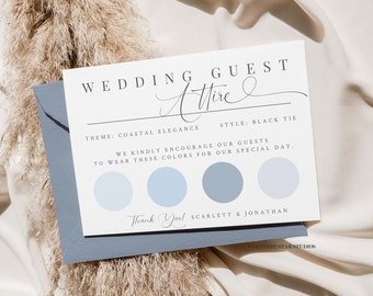 Può includere: Carta di abbigliamento per gli ospiti del matrimonio con un tema di eleganza costiera e un codice di abbigliamento cravatta nera. La carta presenta una tavolozza di colori blu chiaro.